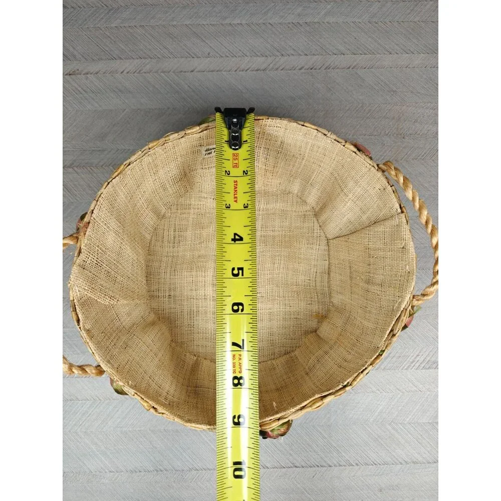 Vintage Woven Raffia Straw Round Casserole Basket With Fruit Accents Handles